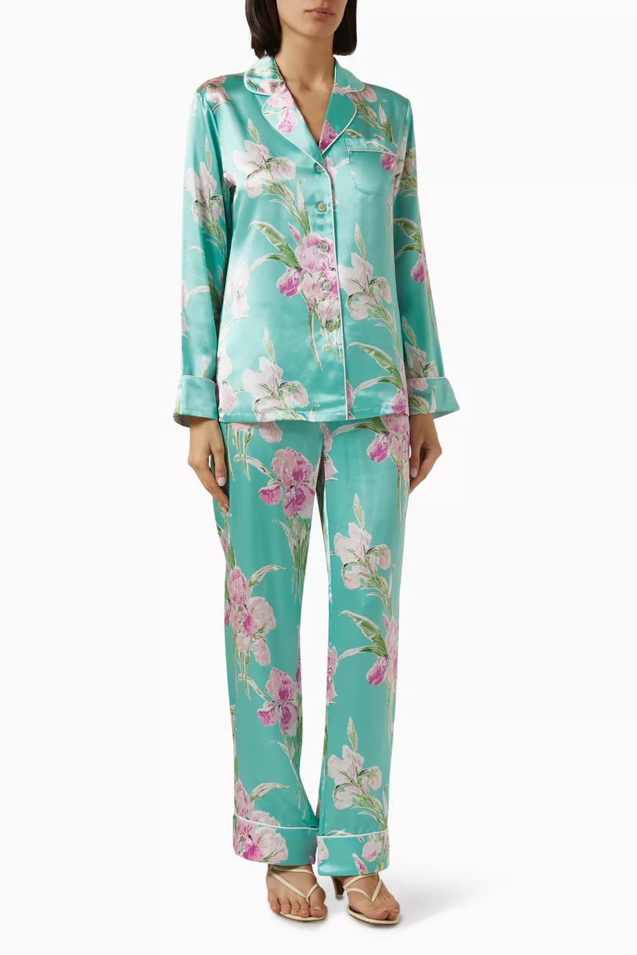 Lila Abalone Saten Pijama Seti Çiçek Desenli ve Lüks Tasarım