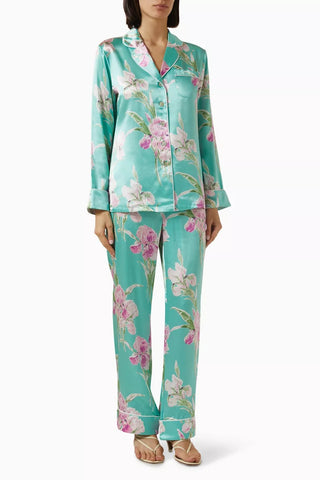 Lila Abalone Saten Pijama Seti Çiçek Desenli ve Lüks Tasarım