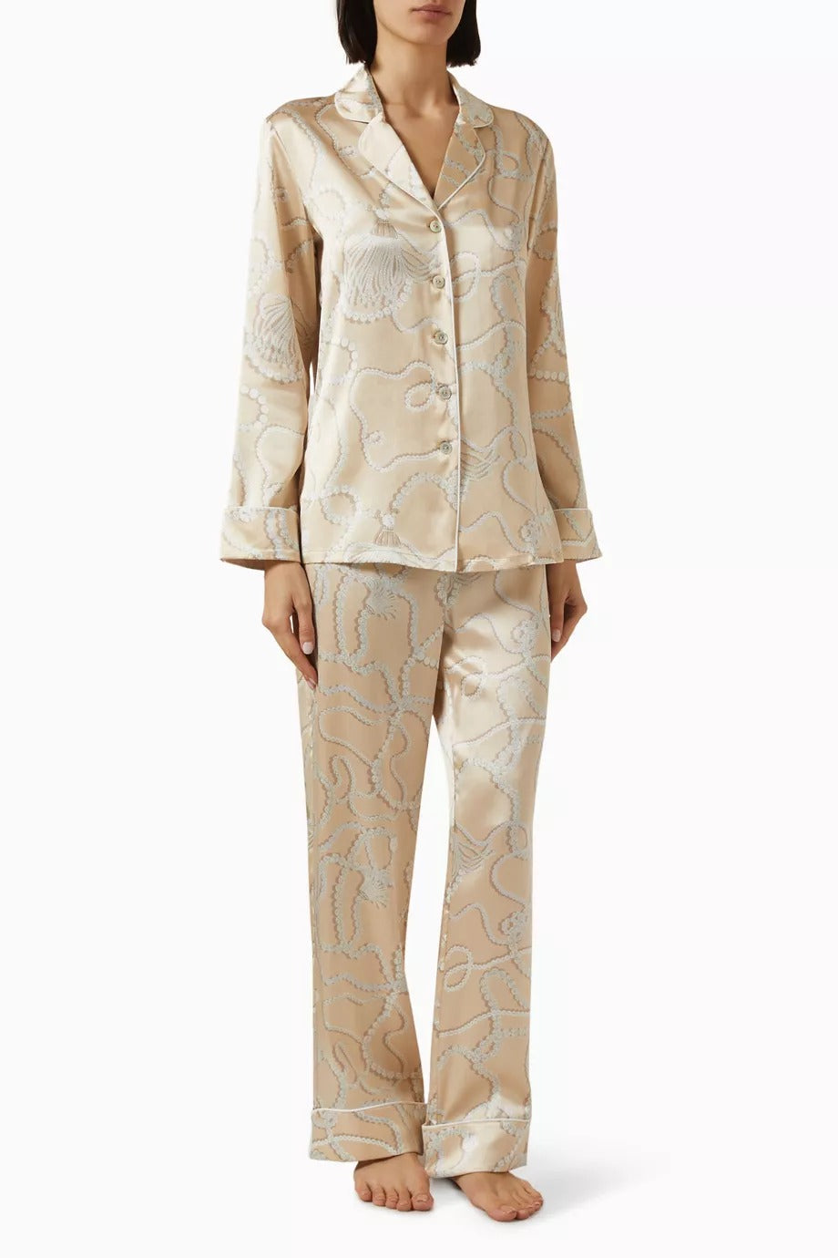 Lila Pearl Saten Pijama Seti İncili Düğme ve Lüks Tasarım
