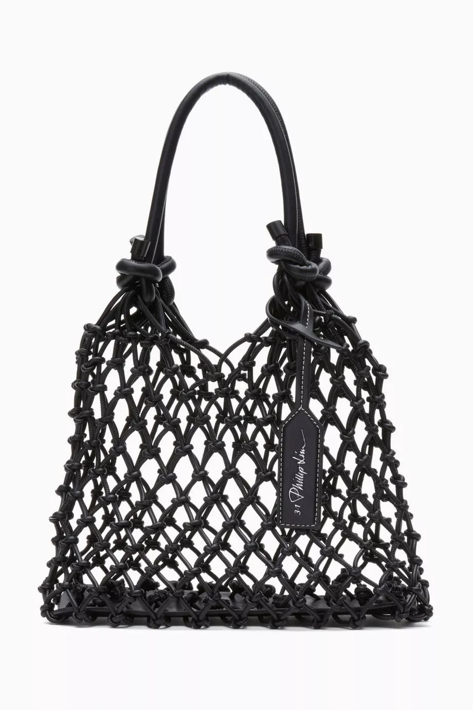 Mini Macramé Çanta Siyah Pamuk Karışımı, Bez İç Kılıf ve Deri Detaylı