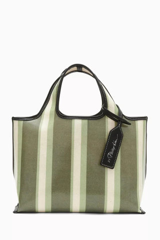 Mini Çizgili Market Tote Çanta Yeşil Kaplamalı Kanvas 33x21x13 cm