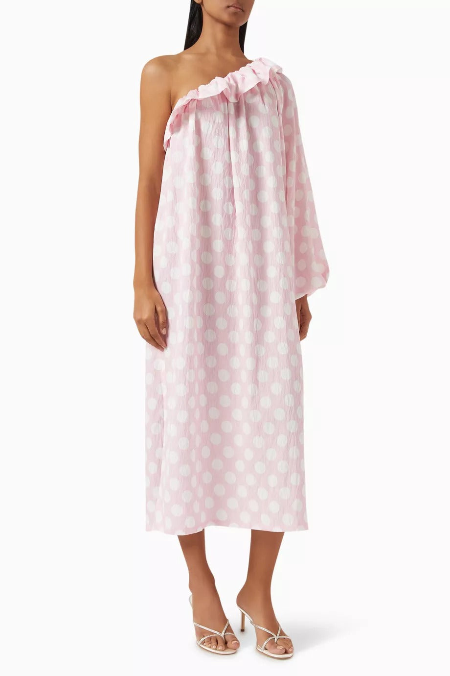 Gaia Midi Viskon Elbise Pembe Puantiye ve Fırfır Detaylı Lüks Tasarım