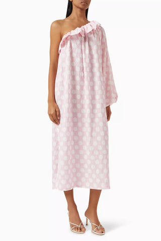 Gaia Midi Viskon Elbise Pembe Puantiye ve Fırfır Detaylı Lüks Tasarım