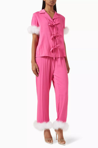Ponyo Viskon Pijama Seti Sıcak Pembe Tüy ve Saten Detaylı Lüks Tasarım