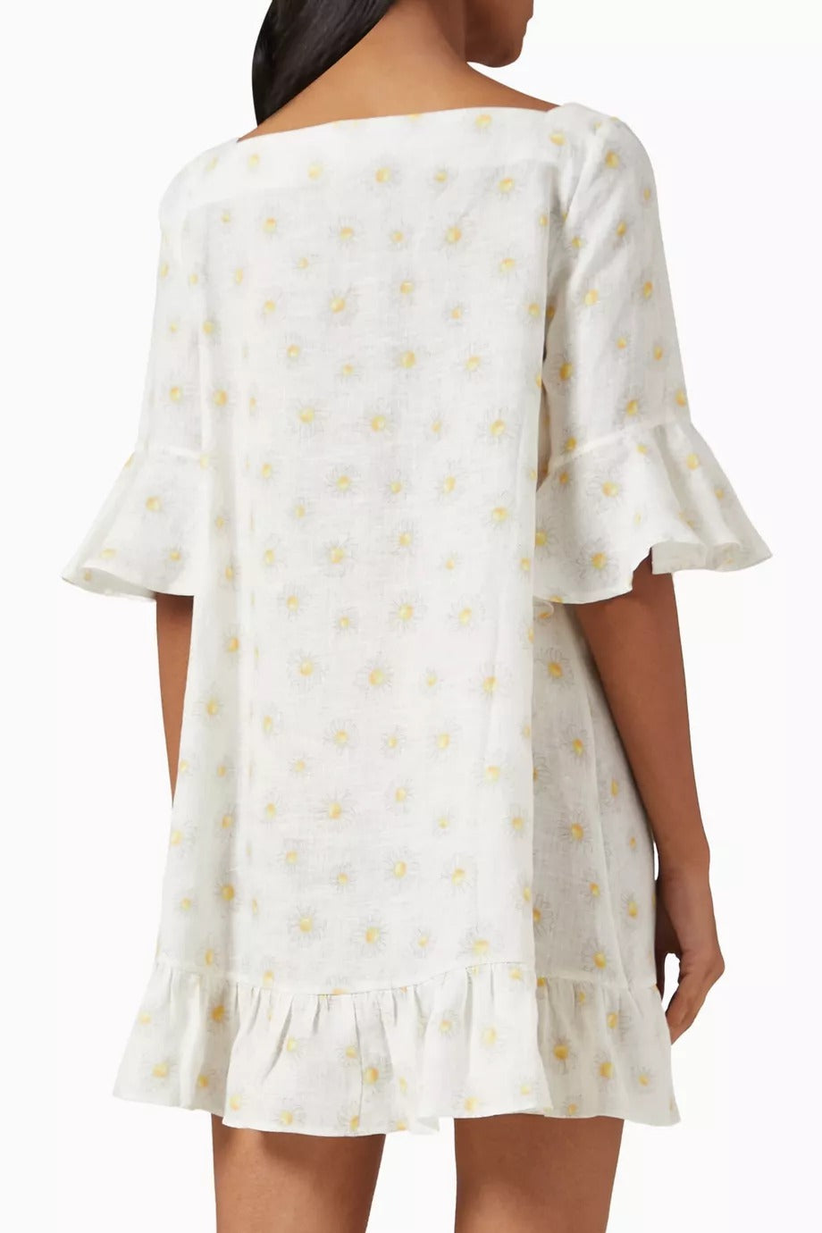 Marseille Mini Keten Elbise Sarı Nakışlı Papatya ve Fırfır Detaylı Lüks Tasarım