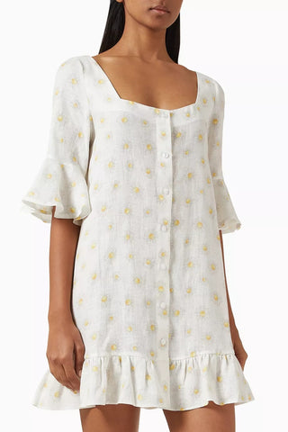 Marseille Mini Keten Elbise Sarı Nakışlı Papatya ve Fırfır Detaylı Lüks Tasarım