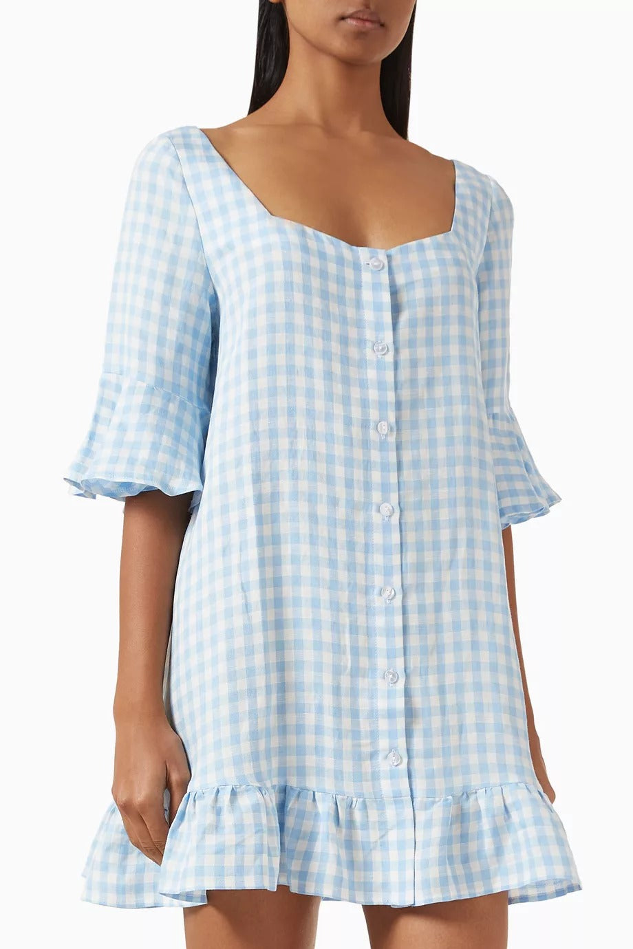 Marseille Mini Keten-Viskon Elbise Açık Mavi Kare Yaka ve Fırfır Detaylı Lüks Tasarım