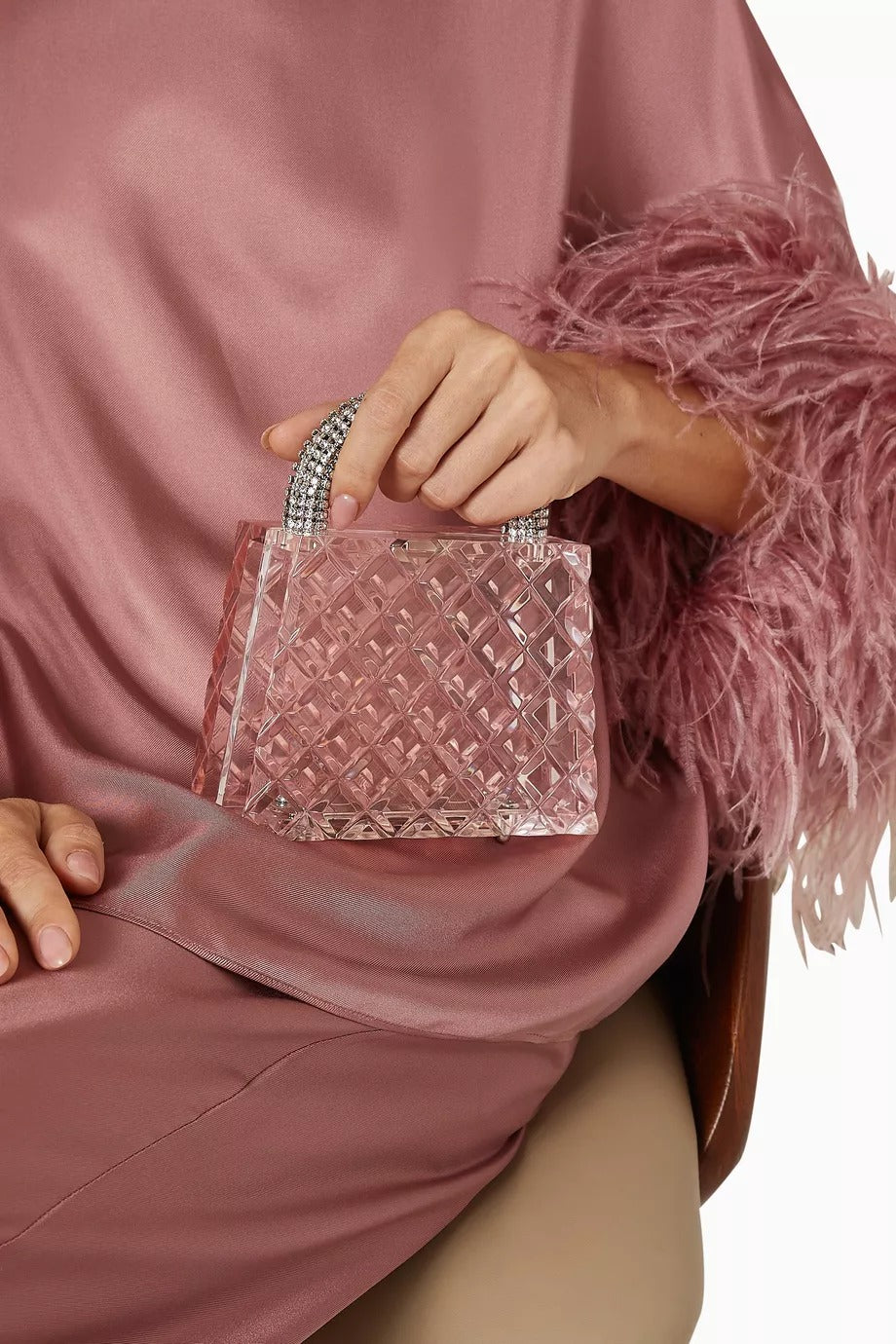 Eva Çanta Açık Pembe Akrilik, Kristal Taşlı Kulplu & Geometrik Tasarım