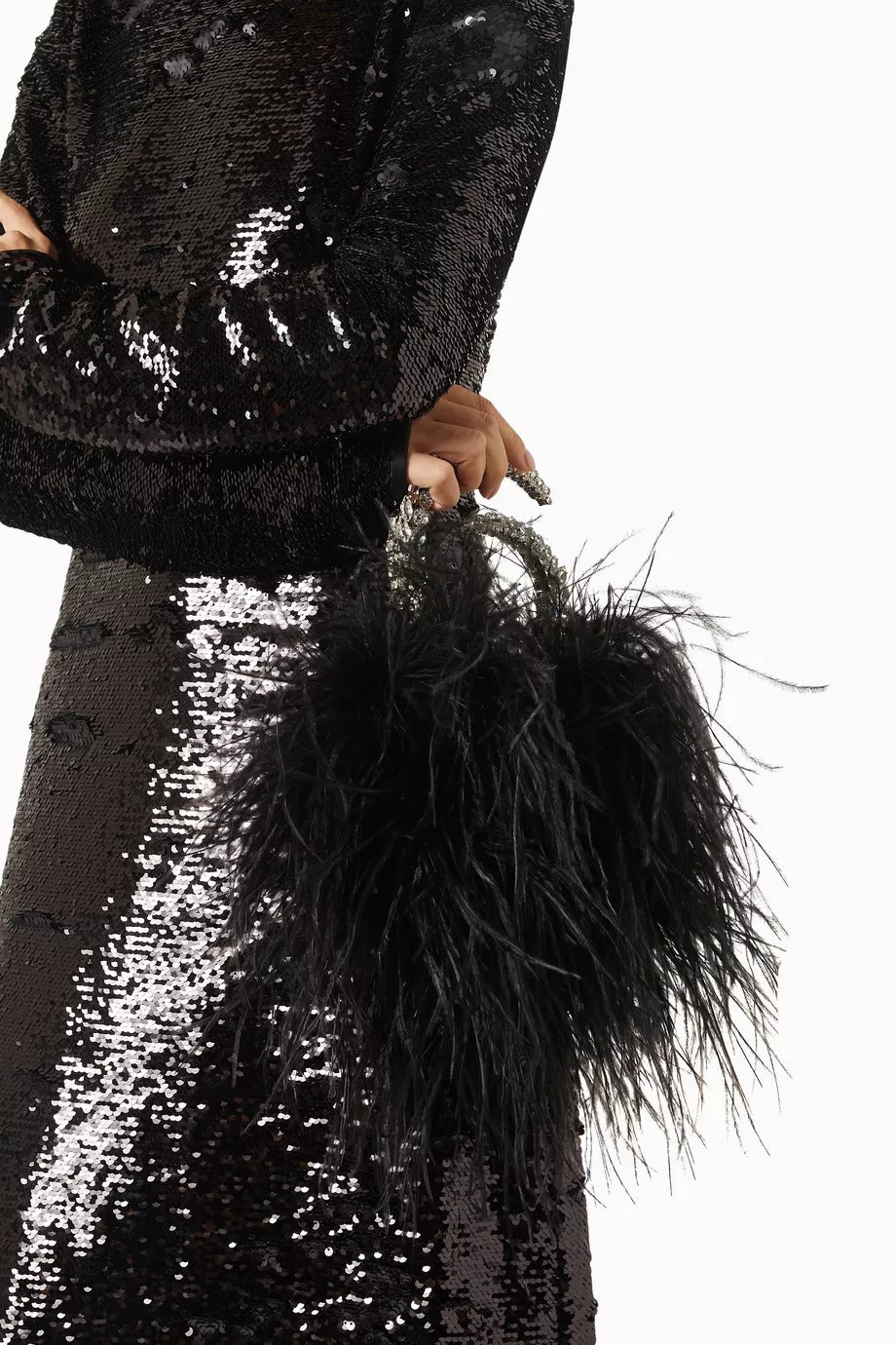 Karma Feather Clutch Siyah Tüy Kaplama & Kristal Saplı Zarif Gece Çantası