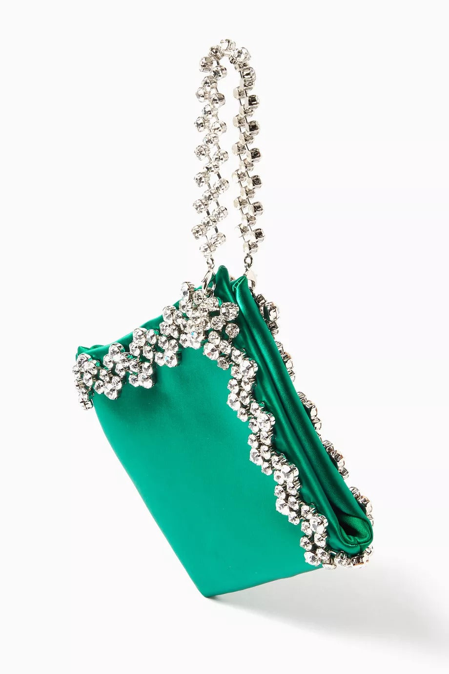 Karla Evening Bag Yeşil Saten, Kristal Detaylı Işıltılı Gece Çantası