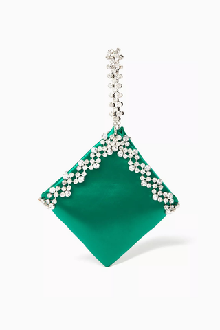 Karla Evening Bag Yeşil Saten, Kristal Detaylı Işıltılı Gece Çantası