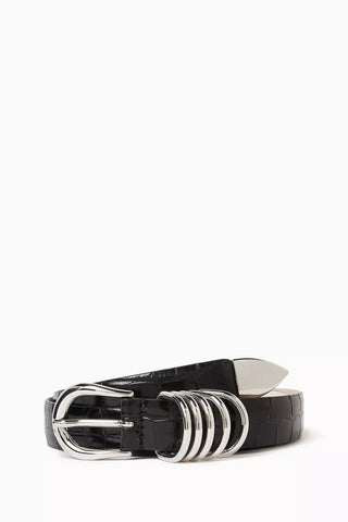 Hollyhock Timsah Desenli Dana Derisi Kemer Siyah, Beş Halkalı, İtalyan İşçiliği