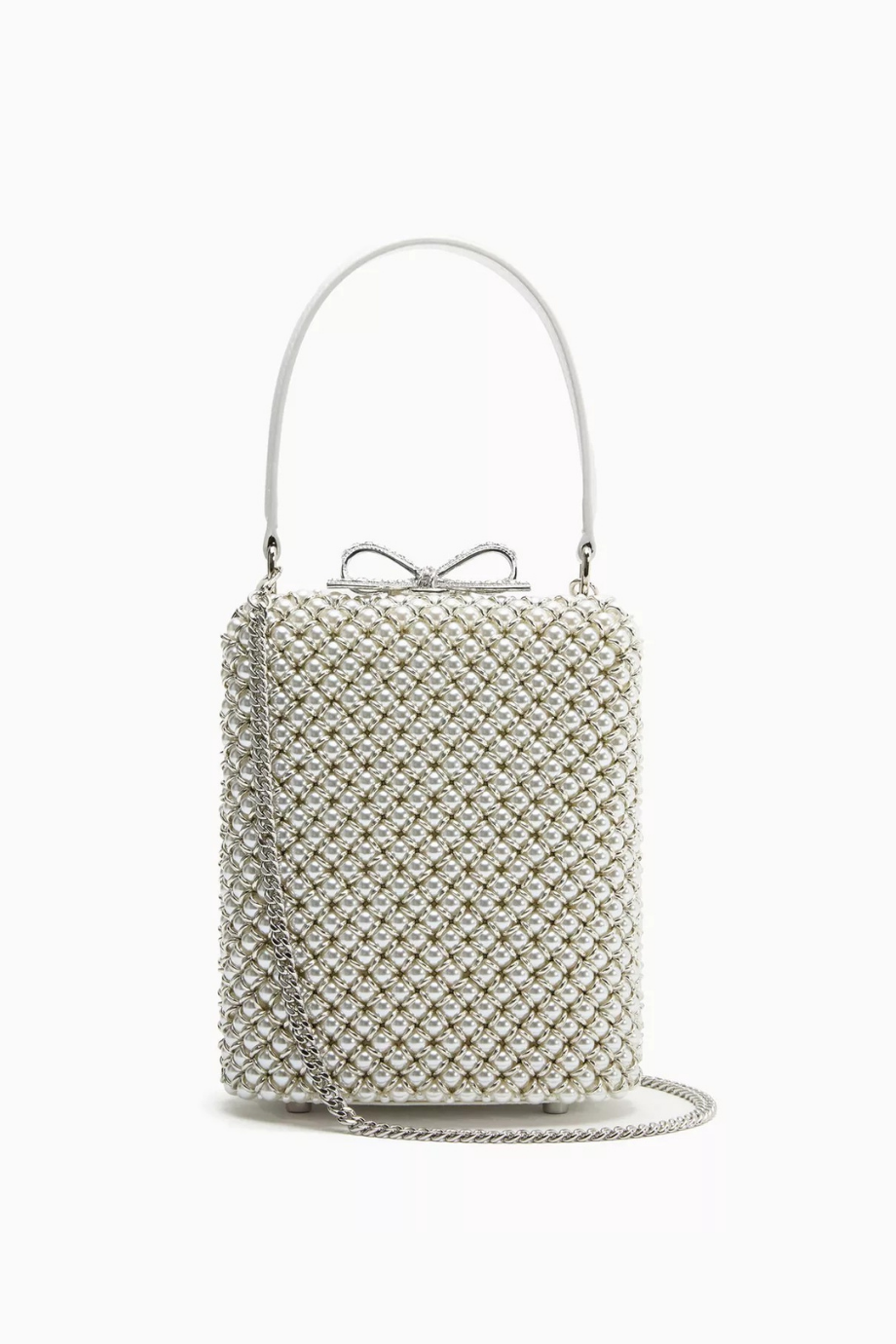 Mini Pearl Clutch Beyaz İnci Zincir & Kristal Fiyonk Detaylı