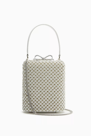 Mini Pearl Clutch Beyaz İnci Zincir & Kristal Fiyonk Detaylı