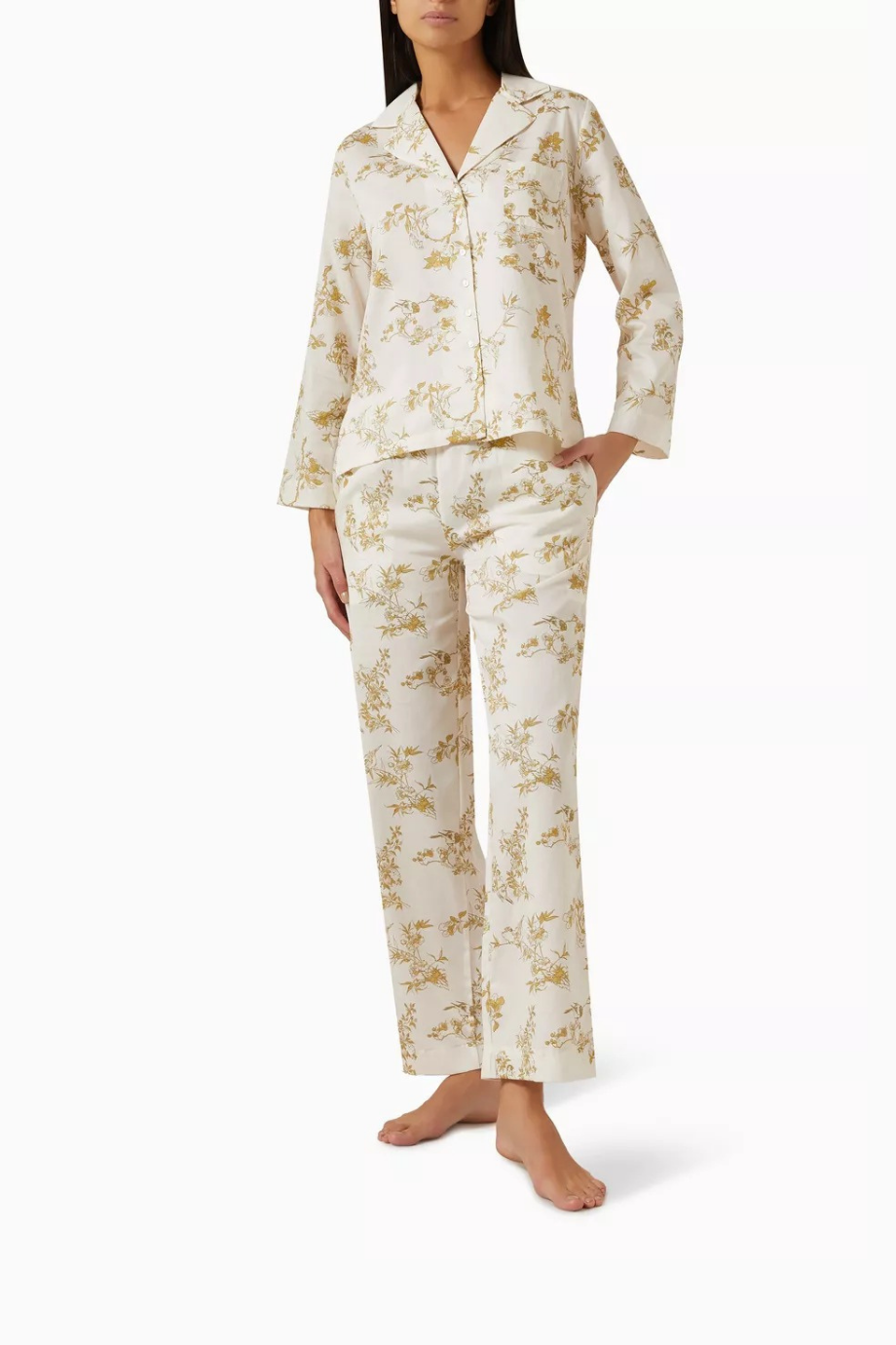 Naelle Pamuk Saten Pijama Takımı Toile de Jouy Desenli Yeşil