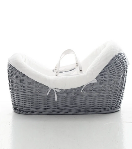 Beyaz Hasır Bebek Sepeti Waffle Kumaş, Ayarlanabilir Gölgelik, Ahşap Kulplu