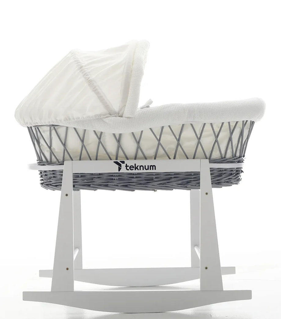 Bebek Fitili Moses Sepet Beyaz Waffle Yatak, Hafif Söğüt Hasır Sepet, Ayarlanabilir Gölgelik, %100 Pamuklu ve Polyester Dolgulu Yatak Seti