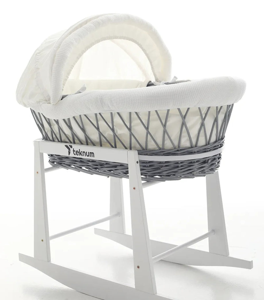 Bebek Fitili Moses Sepet Beyaz Waffle Yatak, Hafif Söğüt Hasır Sepet, Ayarlanabilir Gölgelik, %100 Pamuklu ve Polyester Dolgulu Yatak Seti