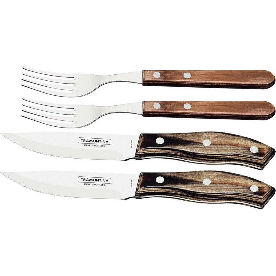 Brazil Churrasco 4 Parça Paslanmaz Çelik Jumbo Barbekü Seti, Polywood Saplar ve Ahşap Kutu