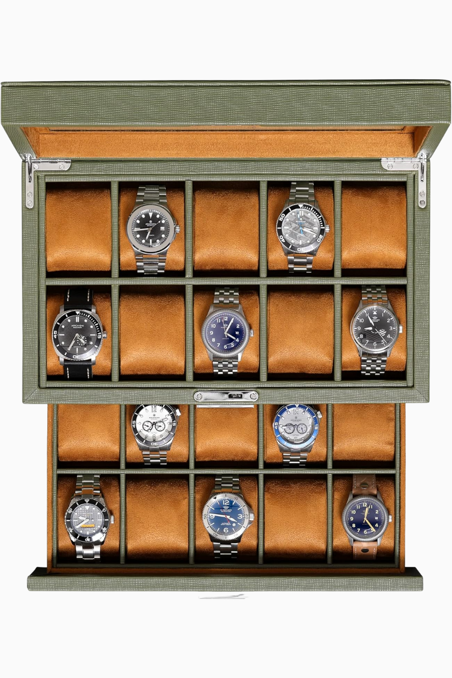 20 Gözlü Deri Saat Kutusu, Cam Kapaklı, Kilitli, Lüks Saat ve Takı Düzenleyici