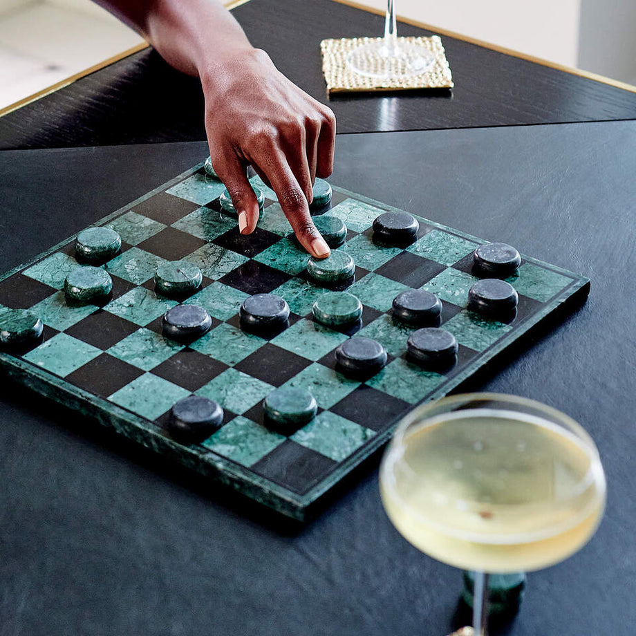Yeşil Mermer Dama Desenli Set, Benzersiz Mermer Tahta ve Parçalar ile