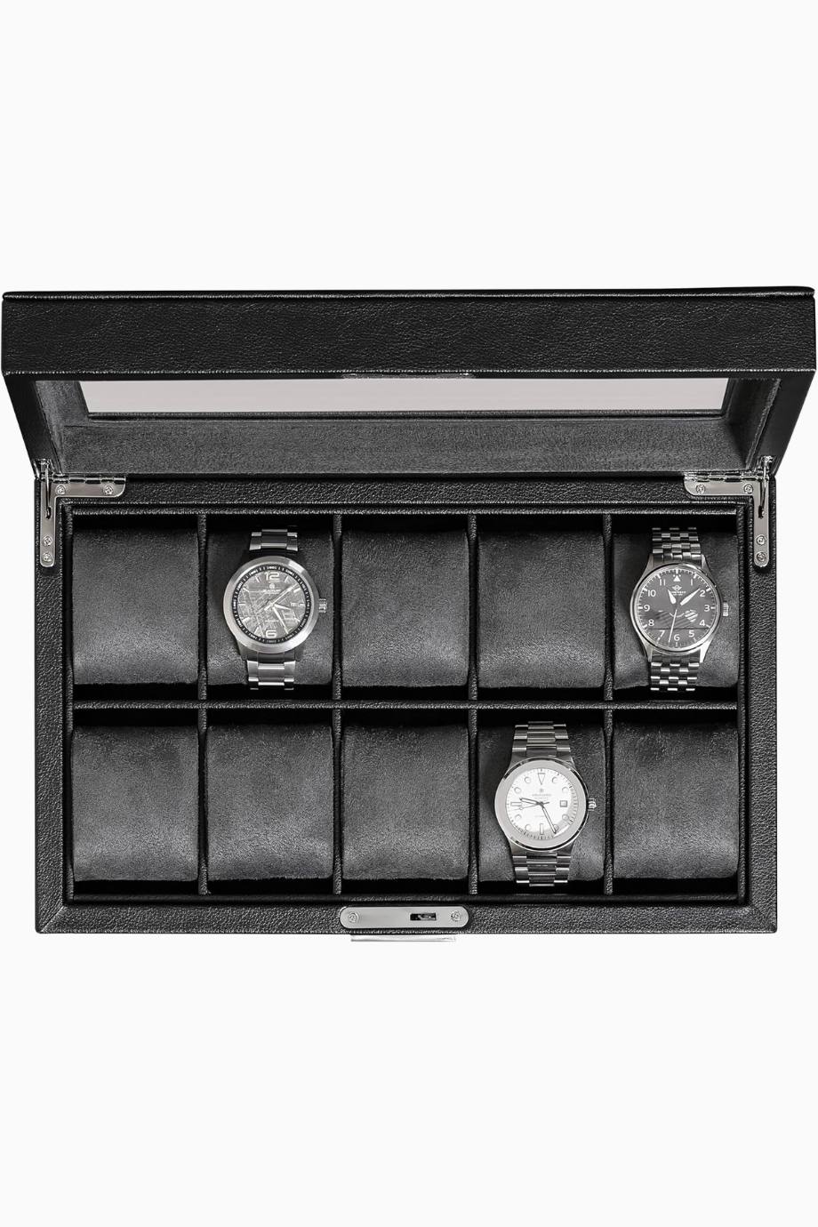 10 Yuvalı Lüks Saat Kutusu, Lüks Deri, Cam Kapaklı Saat Düzenleyici