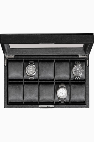 10 Yuvalı Lüks Saat Kutusu, Lüks Deri, Cam Kapaklı Saat Düzenleyici