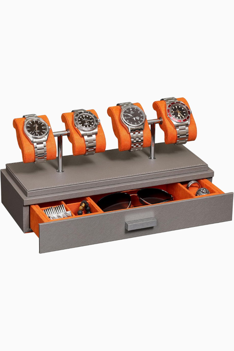 4 Saatlik Lüks Vitrin, Deri Kutulu, Akrilik Kapaklı, Çekmeceli Saat Standı