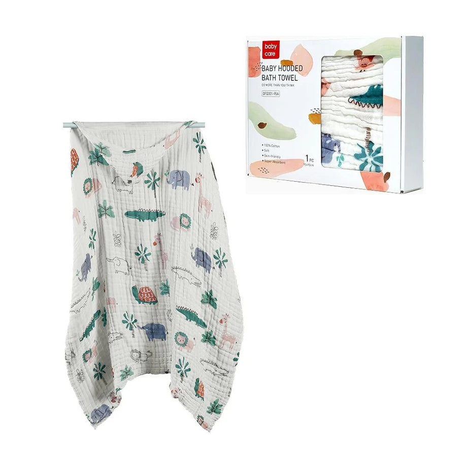 Kafue Ormanı Bebek Kapşonlu Banyo Havlusu, 6 Katlı Muslin, Hızlı Kurur