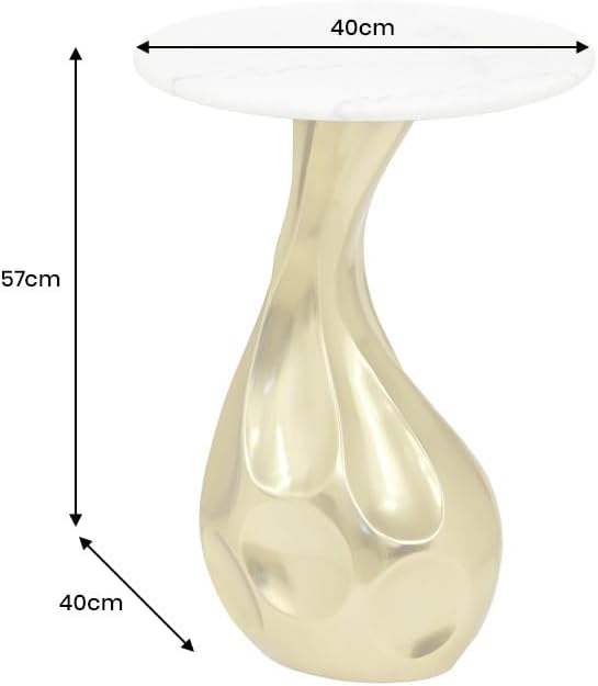 Tear Yuvarlak Sehpa, 60 cm, Mermer Üst, Altın Beyaz, El Yapımı