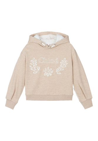 Çocuklar için Çiçek Desenli Kapüşonlu Sweatshirt - Bej Melanj