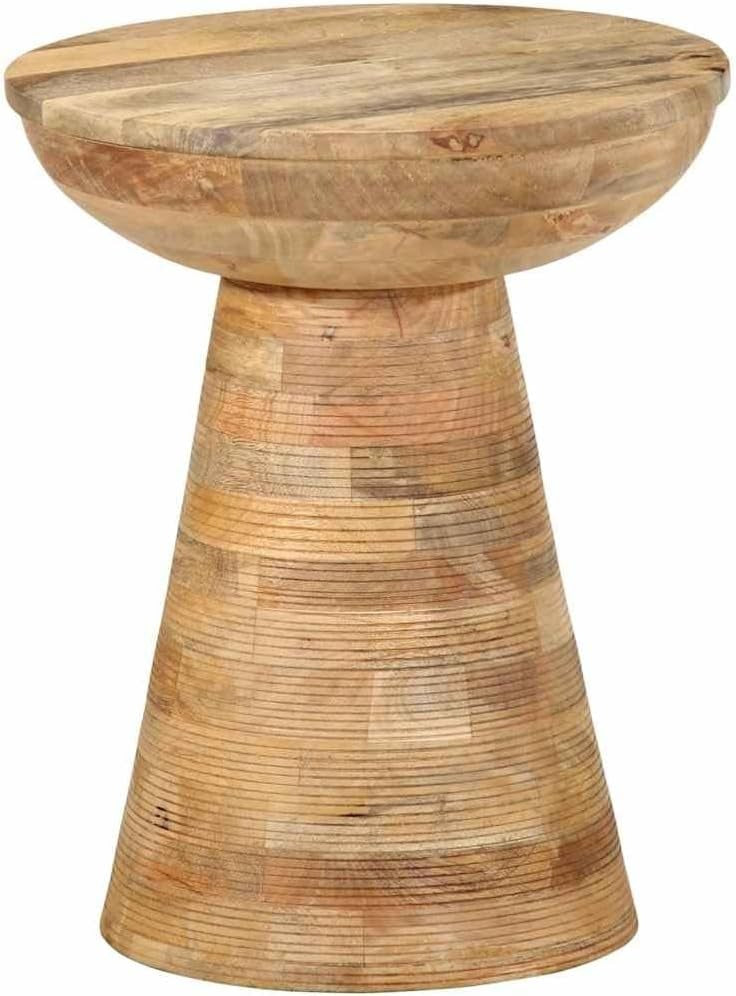 Masif Mango Ağacı Yan Sehpa, Yuvarlak, Retro Tarz, 37x45 cm, Kahverengi