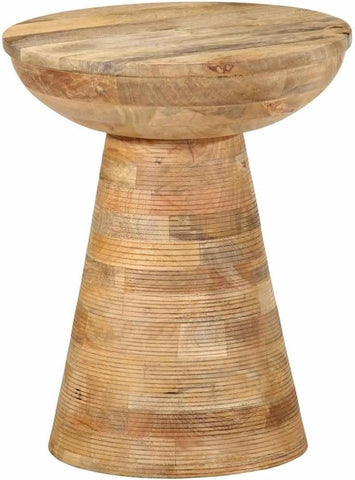 Masif Mango Ağacı Yan Sehpa, Yuvarlak, Retro Tarz, 37x45 cm, Kahverengi