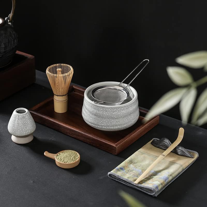 7 Parça Japon Matcha Çay Seti, Matcha Kasesi, Bambu Çırpıcı, Çay Kaşığı, Çırpıcı Tutucu, Çelik Elek