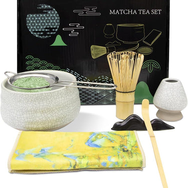 7 Parça Japon Matcha Çay Seti, Matcha Kasesi, Bambu Çırpıcı, Çay Kaşığı, Çırpıcı Tutucu, Çelik Elek