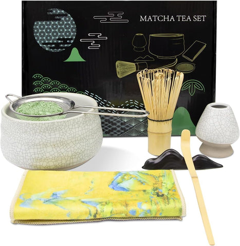 7 Parça Japon Matcha Çay Seti, Matcha Kasesi, Bambu Çırpıcı, Çay Kaşığı, Çırpıcı Tutucu, Çelik Elek