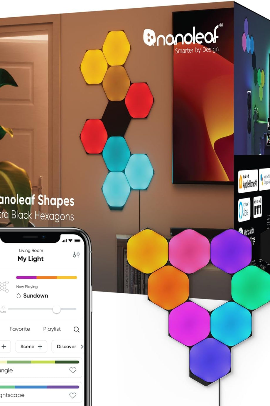 Ultra Siyah Altıgen Başlangıç Seti,9 Akıllı RGBW LED Panel, Modüler Duvar Lambası