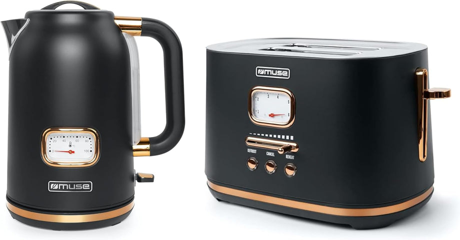 Retro Kahvaltı Seti, Paslanmaz Çelik Su Isıtıcısı & 2 Dilim Analog Göstergeli Ekmek Kızartma Makinesi