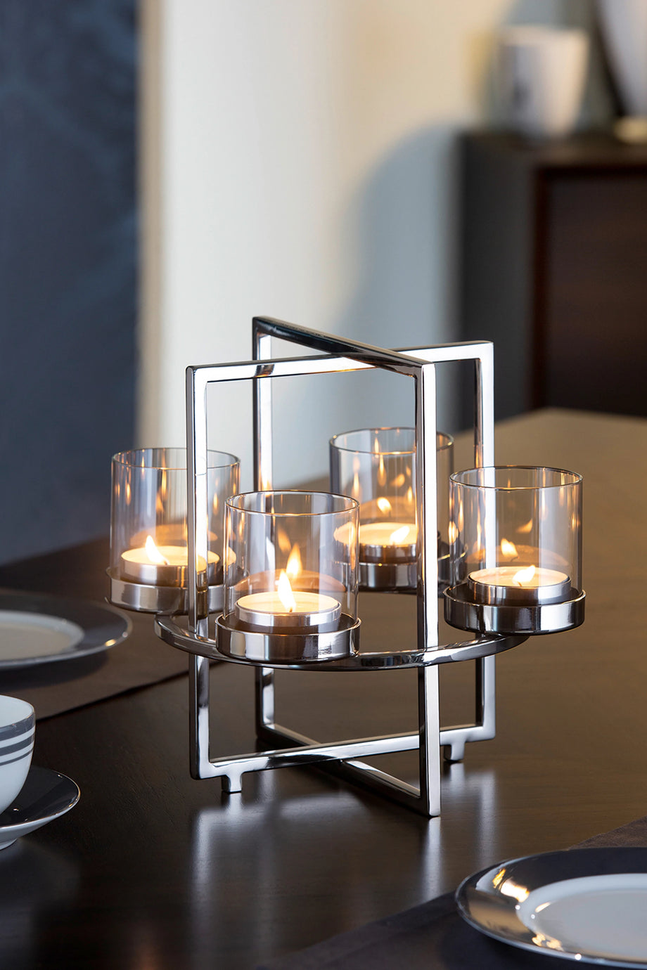 Norman 4 Kollu Yuvarlak Mumluk Verniklenmiş Paslanmaz Çelik Cam Detaylı 32 cm