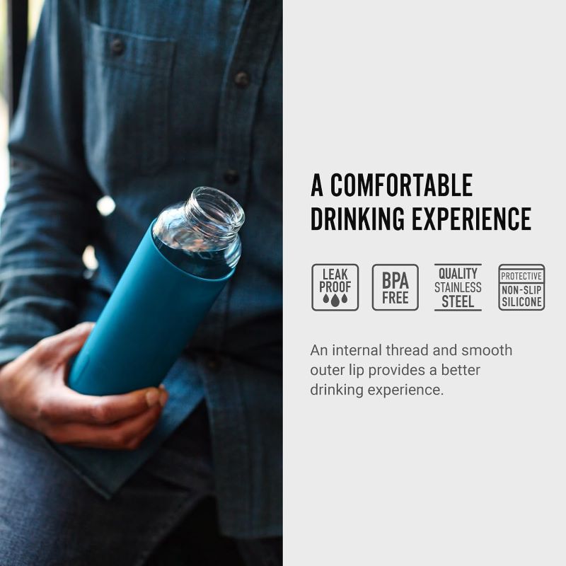 Cam ve Hafif Seyahat Su Şişesi, Sızdırmaz ve Koruyucu Kılıflı, 600 ml