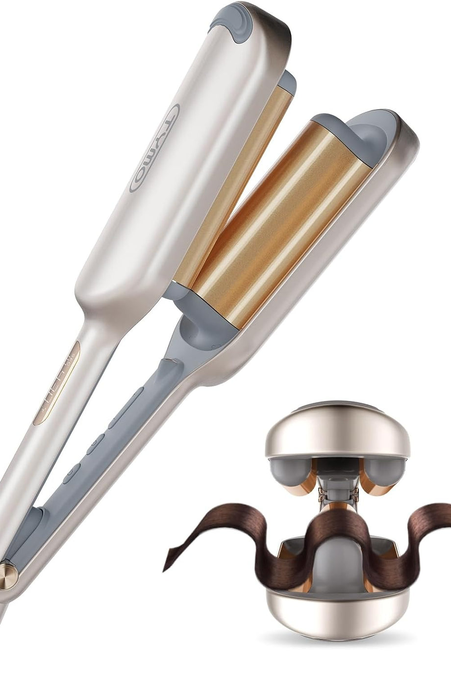 ROVY 32mm Altın Saç Maşası, Seramik 3 Silindirli Plaj Dalgası, Yanmaz, İyonik