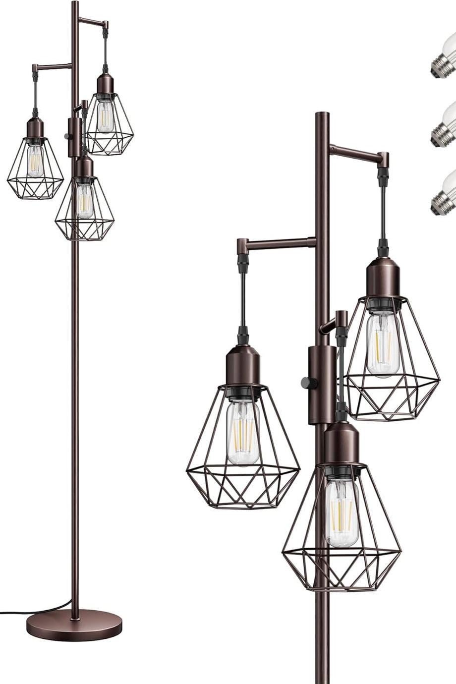 3 Başlıklı Dimlenebilir Retro Ayaklı Lamba E27 LED, Kafes Şapkalı, 166 cm