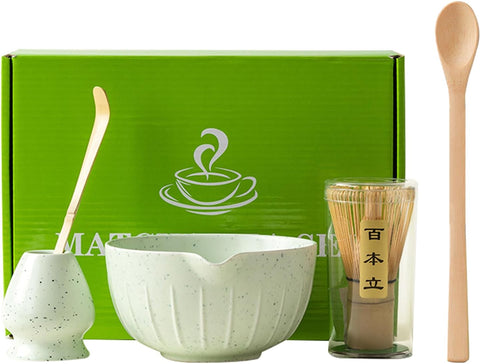 5'li Matcha Çay Seti, Bambu Süpürge, Kaşık, Kürek ve Seramik Kase ile
