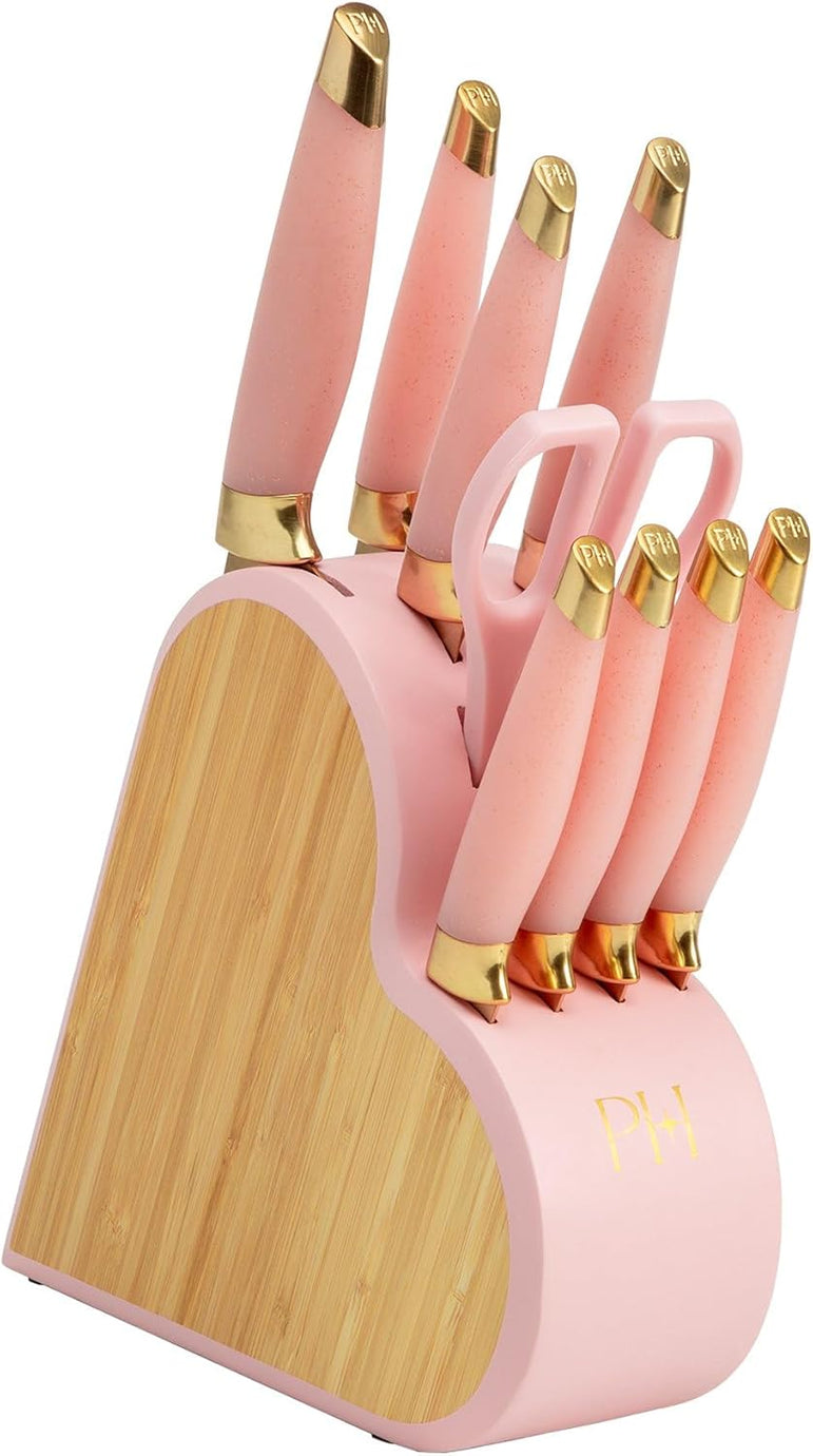 10 Parçalı Bıçak Seti, Paslanmaz Çelik, Bambu Bloklu, Pembe Renkli