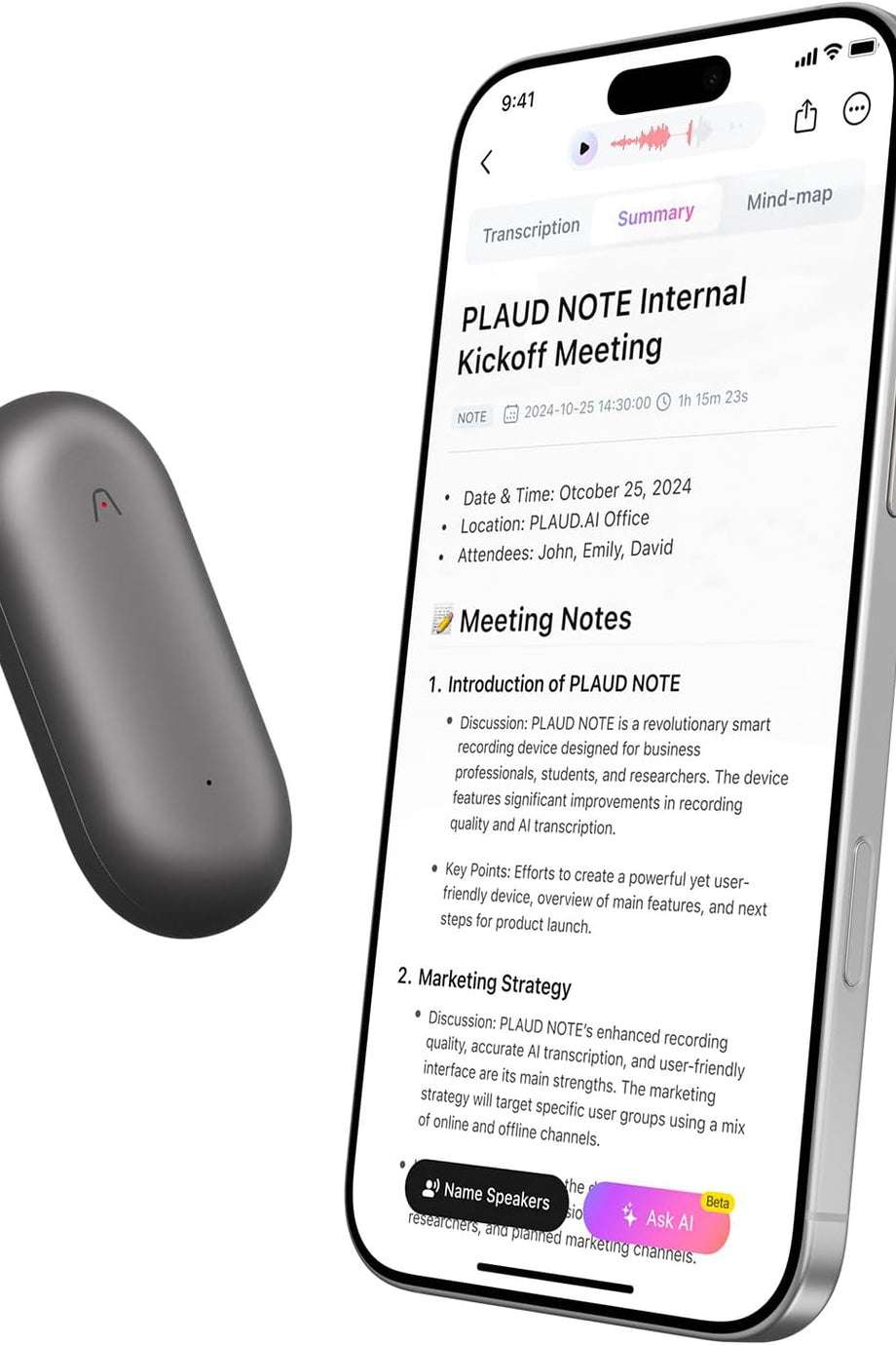 NotePin AI Ses Kaydedici Kiti, 112 Dil Destekli Transkripsiyon ve Özetleme, 64GB Depolama