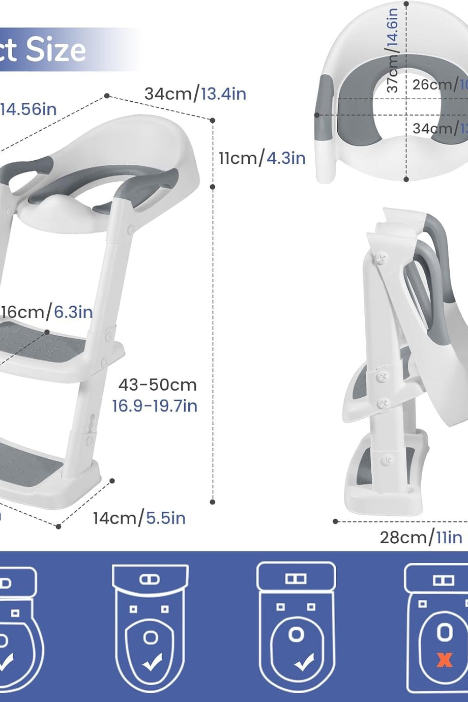 Çocuk Klozet Adaptörü Merdivenli, PU Pedli, Kaymaz, 1-7 Yaş, 38-47 cm Uyumlu