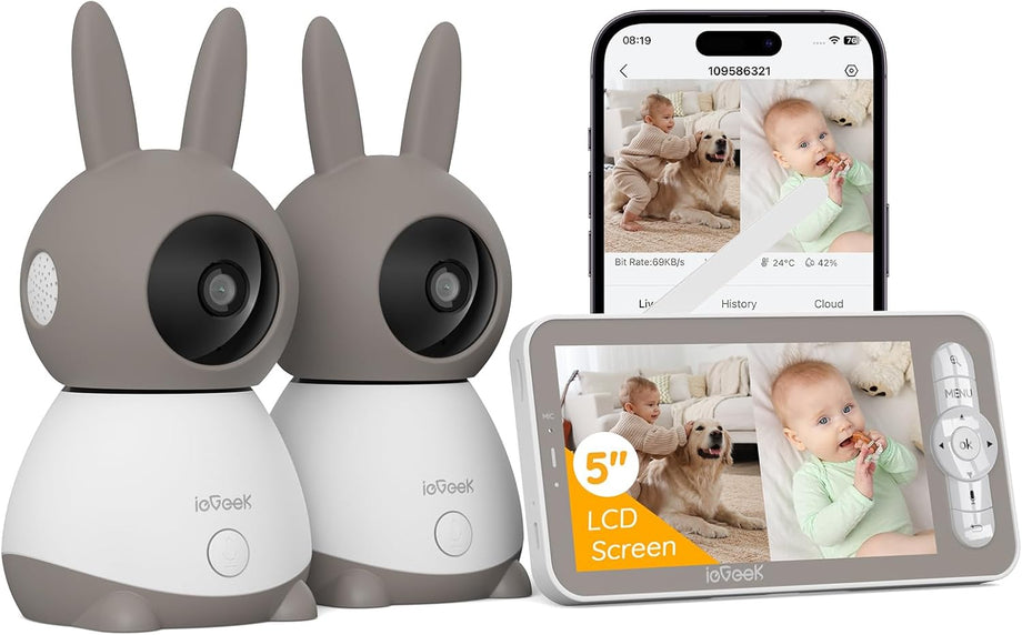 2 Kameralı Bebek Monitörü, 2K/3MP, 5 İnç Ekran, Gece Görüşü, Otomatik Takip
