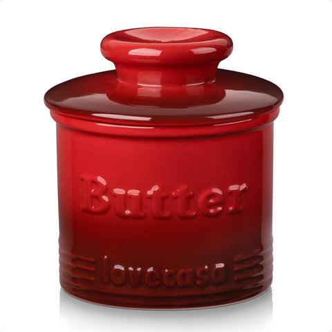 Porselen Fransız Tereyağı Kabı, Kapaklı, Su Hatlı, 10x10x10,9 cm, Kırmızı