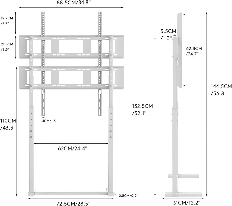 TV Zemin Montaj Standı, 32-100 İnç Evrensel Beyaz TV Standı, Yükseklik Ayarlı ve Kolay Kurulum