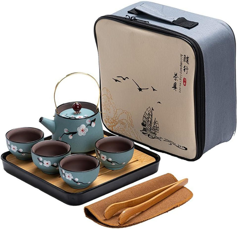 Taşınabilir Japon Çay Seti 8 Parça, Çin Porseleni, Erik Çiçeği Desenli, Seyahat ve Piknik için